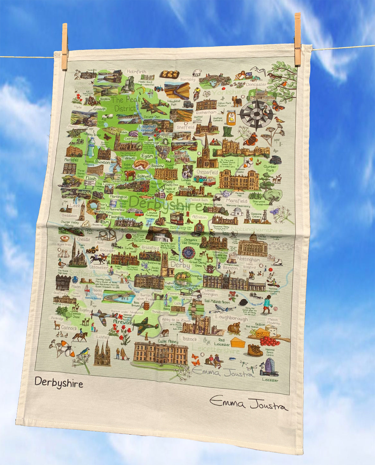 Derbyshire illustrated map tea towel