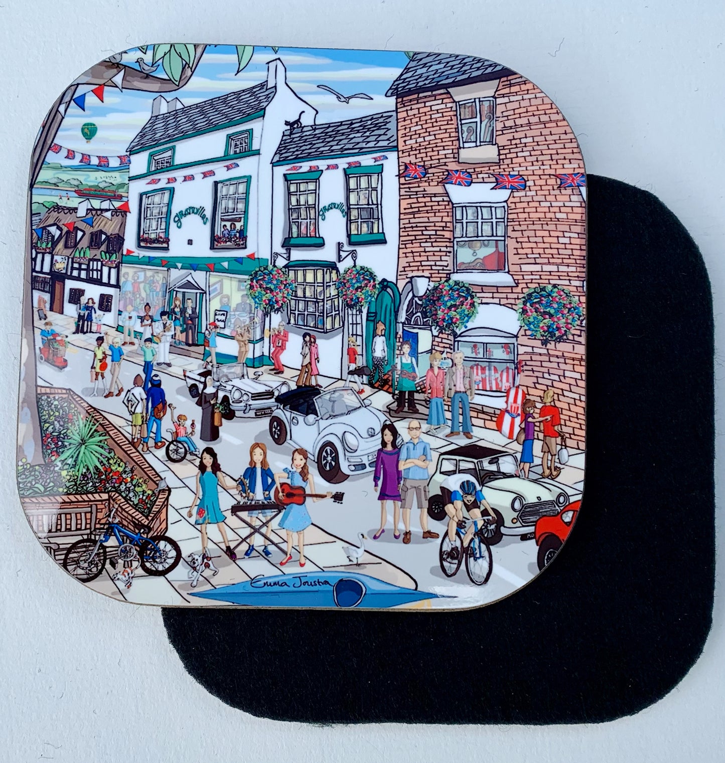 Cycling past Granville Square coaster