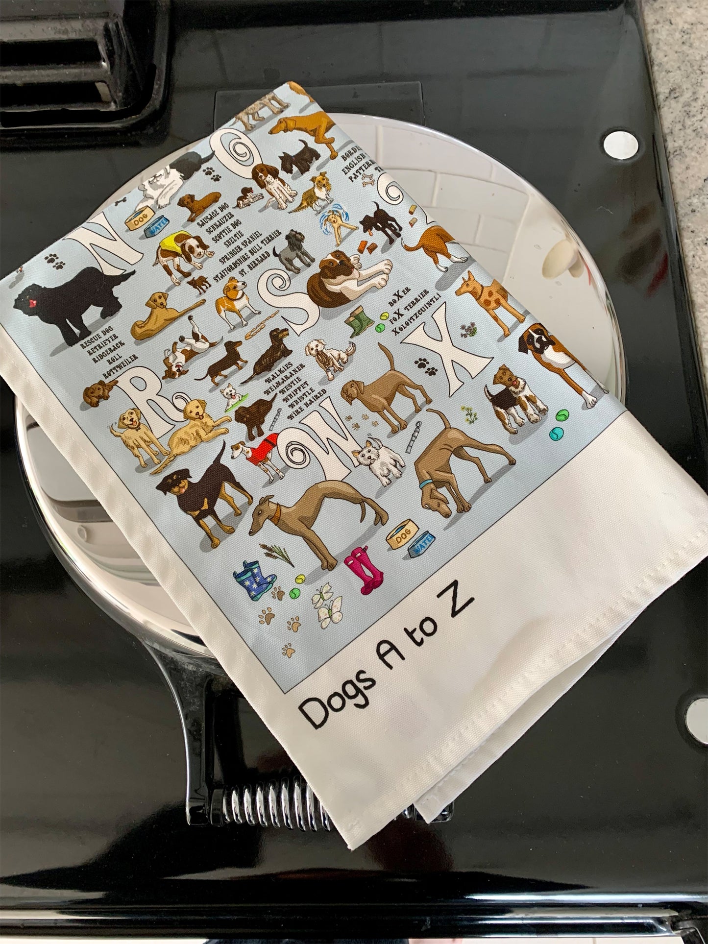 Dogs A to Z tea towel