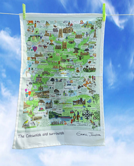 Cotswolds and surrounds illustrated map tea towel